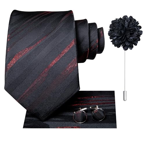Hi-Tie Men's Silk Ties Formal Woven Classic Necktie Pocket Square Cufflinks Lapel Pin Set Wedding Business - color: Black and Burgundy