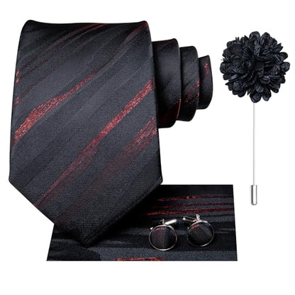 Hi-Tie Men's Silk Ties Formal Woven Classic Necktie Pocket Square Cufflinks Lapel Pin Set Wedding Business - color: Black and Burgundy