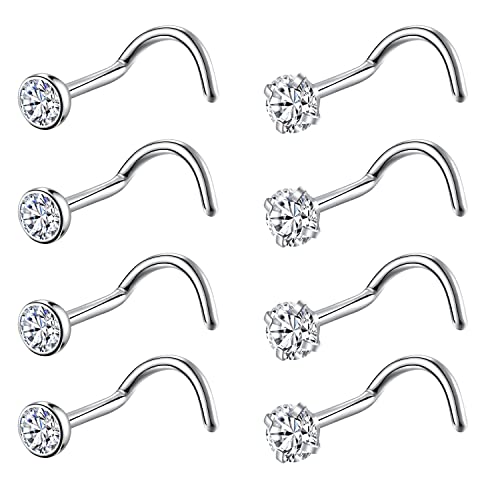8PCS G23 Titanium Twist Screw Nose Studs 18G 20G Nose Rings 2mm 2.5mm 3mm Clear Pink Purple Aurora CZ Gold Nose Piercing Studs Nostril for Women Men - style: 18g silver clear cz 3mm