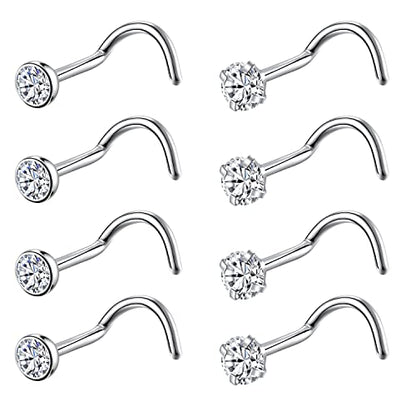8PCS G23 Titanium Twist Screw Nose Studs 18G 20G Nose Rings 2mm 2.5mm 3mm Clear Pink Purple Aurora CZ Gold Nose Piercing Studs Nostril for Women Men - style: 18g silver clear cz 3mm
