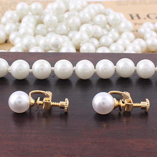 Handmade Faux Pearl Necklace and Clip on Earrings Jewelry Sets for Women Bib Choker Collar Necklace - color: 140cm White-Necklace+Screw Clip Earrings