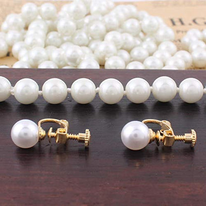 Handmade Faux Pearl Necklace and Clip on Earrings Jewelry Sets for Women Bib Choker Collar Necklace - color: 140cm White-Necklace+Screw Clip Earrings