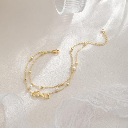 Gold Ankle Bracelets for Women, Dainty 14K Gold Plated Anklets for Women Waterproof Cuban Link Chain Pearl Anklet Set Trendy Layered Stackable Ankle Bracelet Non Tarnish Jewelry for Her - color: A0018