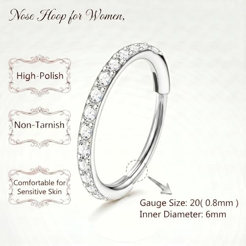 Staligue Nose Hoop ring - 316L Surgical Steel Nose Ring 16/18/20G Hinged Diamond Nose Ring Hoop Septum Clicker Rings Cartilage Earring Helix Rook Tragus Daith Piercing Jewelry for Women 6MM/8MM/10MM/12MM - color: Silver, size: 20G-6MM