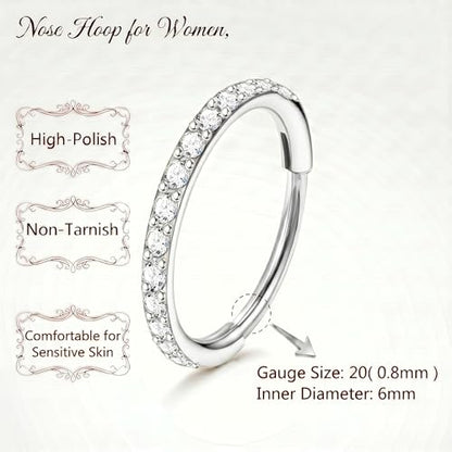 Staligue Nose Hoop ring - 316L Surgical Steel Nose Ring 16/18/20G Hinged Diamond Nose Ring Hoop Septum Clicker Rings Cartilage Earring Helix Rook Tragus Daith Piercing Jewelry for Women 6MM/8MM/10MM/12MM - color: Silver, size: 20G-6MM