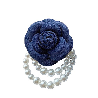 Wool Camellia Flower Pearl Tassel Brooches Pins Delicate Flowers Brooch Classic for Wedding Party Dance Banquet for Women Dainty Elegant Lapel Pins Dress Suit Accessories - color: Blue