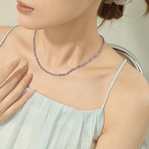 ARSIS Genuine Beaded Gemstone Necklace for Women, Colorful Natural Stone Handmade Bead Choker, Personalized Birthstone Necklace, Boho Summer Beach Necklace Layering Stackable Jewelry Gift - color: Amethyst (February)