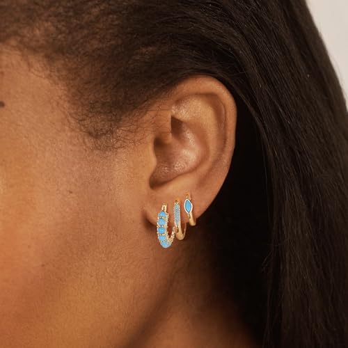 DREMMY STUDIOS Gold Dainty Huggie Hoop Earrings 18K Gold Plated Exquisite Open Tassel Dangle Charm Drop Sleeper Geometric Cross Coin Star Heart White CZ Simple Hypoallergenic Earrings for Women - color: Turquiose Hoops