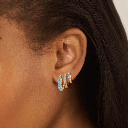 DREMMY STUDIOS Gold Dainty Huggie Hoop Earrings 18K Gold Plated Exquisite Open Tassel Dangle Charm Drop Sleeper Geometric Cross Coin Star Heart White CZ Simple Hypoallergenic Earrings for Women - color: Turquiose Hoops