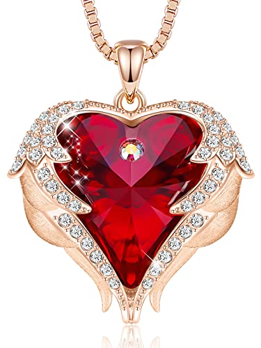 CDE Angel Wings Heart Birthstone Pendant Necklace Gift for Women | Silver/Gold Tone,Ideal Birthday & Anniversary Jewelry Gift for Wife,Girlfriend,Her - color: Rose Gold-01&07-Ruby Red Birthstone