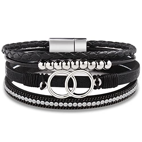 Bracelets for Women, Gifts for Mom Her Christmas Gift 2026 Leather Bracelets for Women Birthday Gift for Daughter Inspirational Wrap Bracelet Sister Friend Teen Girl Gift Layered Stocking Stuffers Jewelry - style: Black