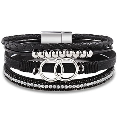 Bracelets for Women, Gifts for Mom Her Christmas Gift 2026 Leather Bracelets for Women Birthday Gift for Daughter Inspirational Wrap Bracelet Sister Friend Teen Girl Gift Layered Stocking Stuffers Jewelry - style: Black