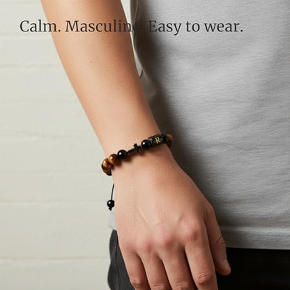 Initial Mens Bracelet with Cross - Religious Faith Beaded Bracelt Gift for Him Man Male Friend, Adjustable Tiger Eye Black Onyx Beads Braclet for Birthday Confirmation Sponsor Anniversary - color: Braided Rope-R