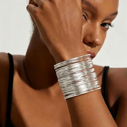 4Pcs Chunky Gold Cuff Bracelects for Women Gold Bangles Irregular Minimalist Statement Bangle Bracelets Set Open Wide Bangle Upper Arm Cuff Jewelry - color: Silver-A