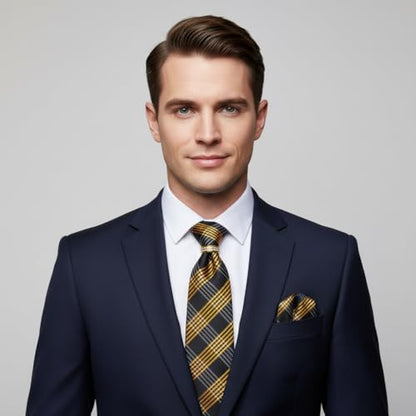 5PCS Mens Silk Tie, Pocket Square, Cufflinks, Drilled Tie Ring and Lapel Pin Set for Wedding Groom Party - color: Gold Plaid Tie Set -186+186