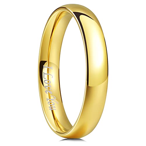 King Will 316L Stainless Steel Wedding Band for Men Women Size 4-15 | 2-8mm Width, Black/Sliver/Gold Plated, Laser I Love You, High Polished, Dome Style, Promise Ring Comfort Fit Promise Gift - color: B-Gold-Plated-4mm