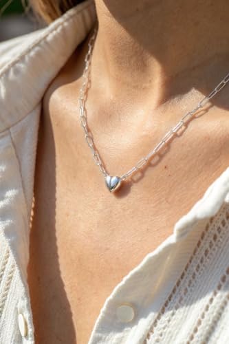 Robaice 14K Gold Plated Heart Pendant Necklace for Women | Simple non-tarnish heart jewelry for everyday wear, anniversaries, birthdays or meaningful gifting - color: Paperclip Chain, Silver