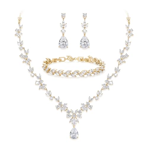 Gorgeous Wedding Jewelry Set for Women Bridal Cubic Zirconia Marquise Teardrop Leaf Cluster Y-Necklace Dangle Earrings Link Bracelet - color: 01-Clear Gold-Plated-Brass