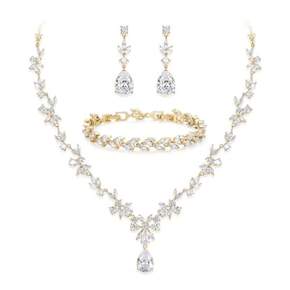 Gorgeous Wedding Jewelry Set for Women Bridal Cubic Zirconia Marquise Teardrop Leaf Cluster Y-Necklace Dangle Earrings Link Bracelet - color: 01-Clear Gold-Plated-Brass