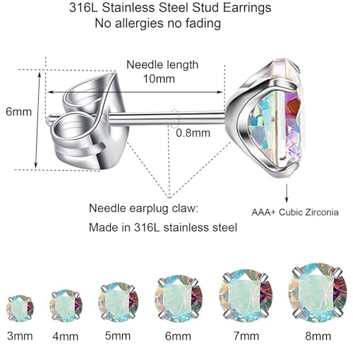 6 Pairs Stud Earrings Set, Hypoallergenic Cubic Zirconia Earrings 316L Stainless Steel CZ Earrings 3-8mm - color: A-Aurora Borealis CZ
