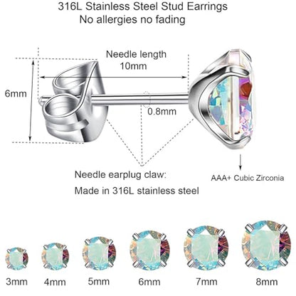 6 Pairs Stud Earrings Set, Hypoallergenic Cubic Zirconia Earrings 316L Stainless Steel CZ Earrings 3-8mm - color: A-Aurora Borealis CZ
