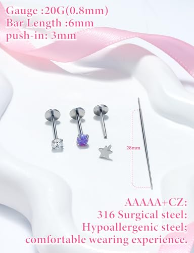 Prjndjw 18G 20G 16G Push in Threadless Nose Rings Stud Earrings Hypoallergenic Flat Back Surgical Stainless Steel Cubic Zircon Helix/Cartilage/Tragus/Lobe Earrings Lip Labret Snake Bite Jewelry - color: 20g 6mm Push In Flat Back Stud Piercing jewelry