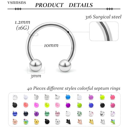 Vsnnsns 14G 16G 18G Septum Rings Piercing Jewelry 316L Stainless Surgical Steel Horseshoe Septum Nose Rings Snake Bite Lip Ring Daith Rook Earrings Smiley Piercing Jewelry for Women Men 8MM 10MM 12MM - color: 16G-10MM Mix Color