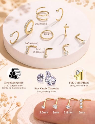 Besteel Nose Rings for Women 14K Gold Filled Hypoallergenic Nose Stud Hoops | 20G 316L Surgical Stainless Steel Double Nose Ring Cute Round CZ Heart L Shaped Nose Stud Dainty Nostril Piercing Jewelry - color: 14k gold plated