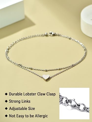 FaithHeart Waterproof Ankle Bracelets for Women, 1/2/3Pcs Non Tarnish Stainless Steel Layered Anklet Set Paperclip Figaro Cuban Link Chain Dainty Summer Beach Jewelry Gift Adjustable Size - style: b.Heart - Silver