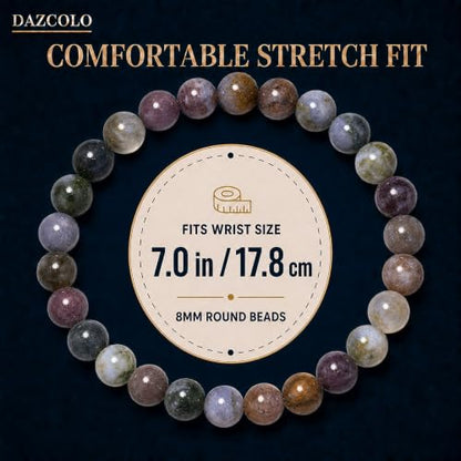 8mm Natural Crystal Stretch Bracelet | Handmade Round Stone Bead Bracelet, Runs Large, Meditation Yoga Gift for Women & Men - color: Moss Agate