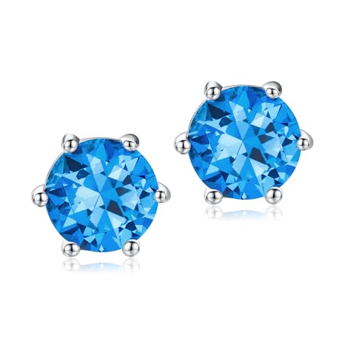DAYBYDAY 925 Sterling Silver Birthstone Earrings for Women, Crystal Stud Earrings, 6.5mm Round Cut Solitaire Gemstone Earrings Birthday Jewelry - style: Round Cut-12. Dec/created blue topaz