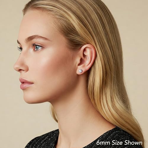 14k White Gold Solitaire Round Cubic Zirconia Stud Earrings with Pushbacks - style: 6mm