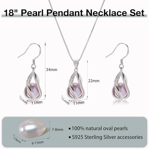 Pearl Jewelry Set For Women S925 Sterling Silver/14K Gold Plated Necklace & Earrings Set Freshwater Pearl Pendant Cage Set for Wedding Anniversary Prom Birthday Gift - color: Silvery-Purple