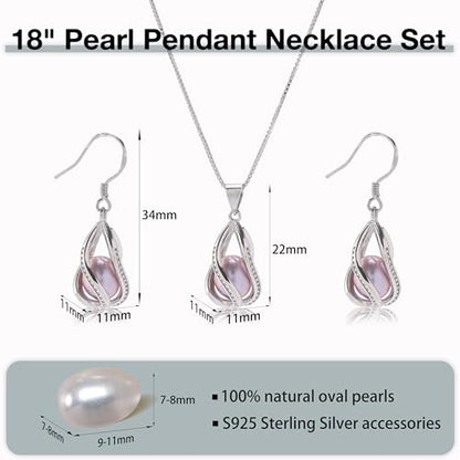 Pearl Jewelry Set For Women S925 Sterling Silver/14K Gold Plated Necklace & Earrings Set Freshwater Pearl Pendant Cage Set for Wedding Anniversary Prom Birthday Gift - color: Silvery-Purple