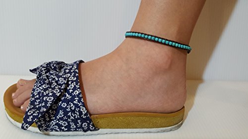 Infinityee888 Anklet Turquoise Bead 10 Inches Anklet Bracelet Woven with Leather Cord Handmade Hippie Bohemian Unisex Style Gift Idea for Men and Women