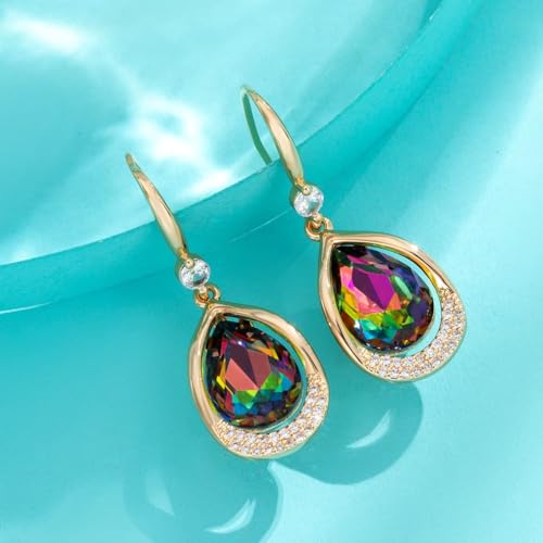 Austrian Crystal Halo Teardrop Hollow Drop Dangle Earrings for Women 14K Rose Gold Plated Hypoallergenic Jewelry Gifts - color: Vitrail Medium