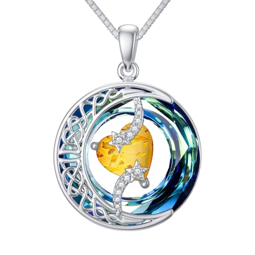 TOUPOP Birthstone Necklace Women Sterling Silver Moon Star Birthday Jewelry | Celtic Moon Pendant with Blue Crystal Anniversary Christmas Jewelry Gifts for Wife Mom Her - color: C-Amber