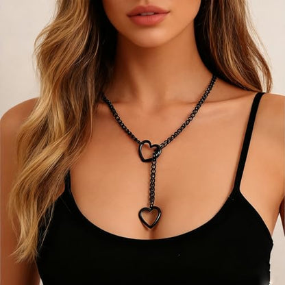 MIFYNN Heart O ring Slip Chain Necklaces for Women Stainless Steel Cuban Chain Bar Necklace Punk Rock Collar Necklace Handmade Adjustable Lariat Y Necklaces for Men - color: Black