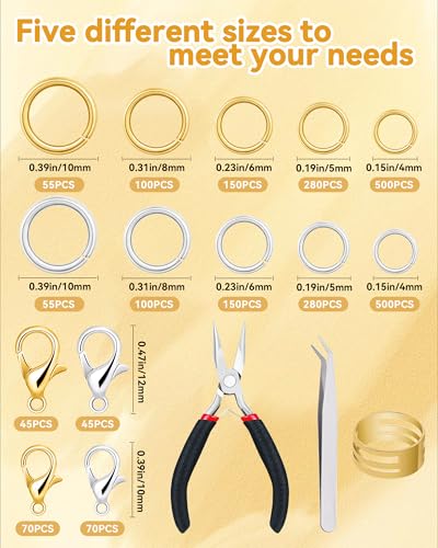 FIVEIZERO 2400PCS Jump Rings Kit for Jewelry Making and Craft Supplies ﻿﻿ ﻿ | Gold/Silver Jump Rings,Lobster Clasps & Tools-Pliers,Tweezer,Opener;2400pcs Sufficient Quantity；4/5/6/8/10mm Jump Rings；﻿﻿