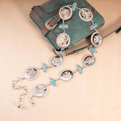 Montana West Rustic Couture's Turquoise Western Concho Chain Belt for Women | Large Western Cowgirl Metal Adjustable Boho Body Chain Belt for Dresses Jeans Country Concert - color: Brilliant Turquoise