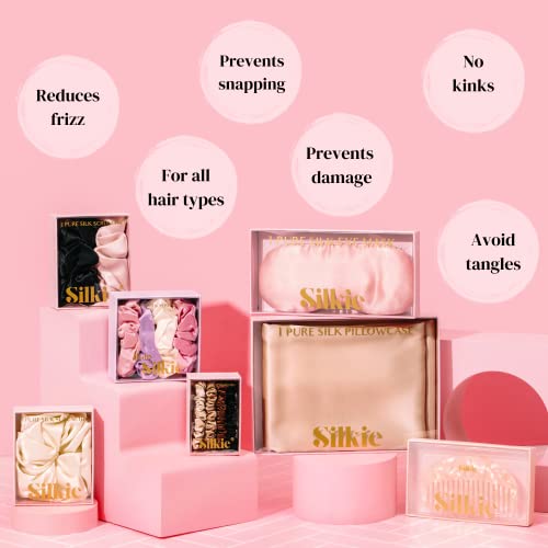 SILKIE x6 Set 100% Pure Mulberry Silk Black Noir Dark Midnight Neutral Skinny Scrunchies Travel Pouch Everyday Hair Ties Elastics Hair Care Ponytail Holder No Damage (Midnight) - color: Midnight