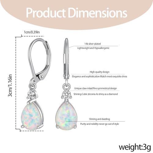 Dainty Opal Earrings for Women Sterling Silver Pear Oval Blue Opal Dangle Earrings Leverback Earrings Gold - color: leverback-white