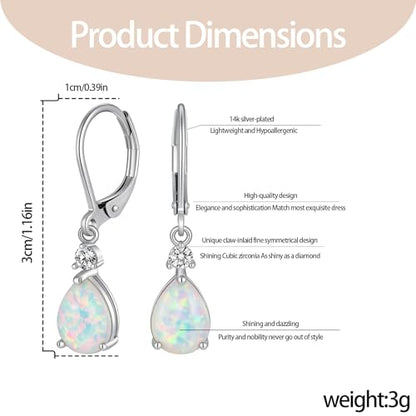 Dainty Opal Earrings for Women Sterling Silver Pear Oval Blue Opal Dangle Earrings Leverback Earrings Gold - color: leverback-white