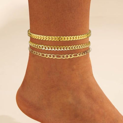 Silver Ankle Bracelets for Women Waterproof Stainless Steel Anklet Adjustable Layered Cuban Silver Anklets Set Summer Beach Foot Jewelry Gift - color: Cuban chain/gold