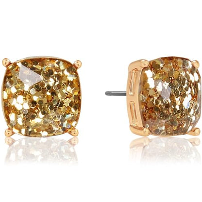 Large Square Stud Earrings for Women - Big Sparkly Rhinestone Studs | Plated in Gold Tone or Silver Tone, Hypoallergenic and Safe for Sensitive Ears - color: Gold Glitter