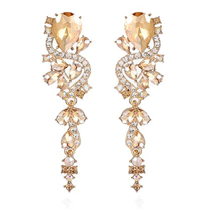 Fashion Rhinestone Statement Drop Dangle Earrings Long Colorful Crystal Bridal Wedding Teardrop Chandelier Earrings for Women Prom Pageant - color: Champagne