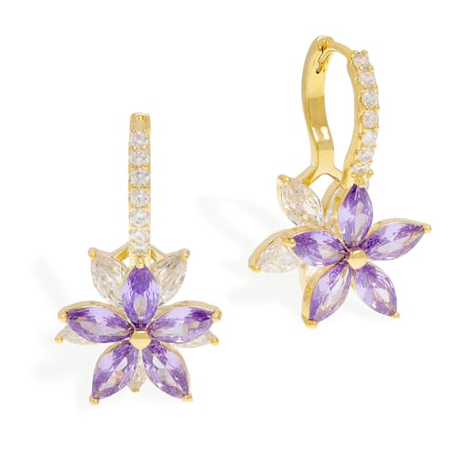 Sonateomber Gold Silver Small Hoop Dangle Earrings for Women, Trendy Dainty Rhinestone CZ Dangling Prom Wedding Leaf Flower Snowflake Butterfly Starfish Fashion Jewelry Gift - color: Purple Flower