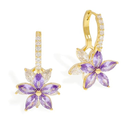 Sonateomber Gold Silver Small Hoop Dangle Earrings for Women, Trendy Dainty Rhinestone CZ Dangling Prom Wedding Leaf Flower Snowflake Butterfly Starfish Fashion Jewelry Gift - color: Purple Flower