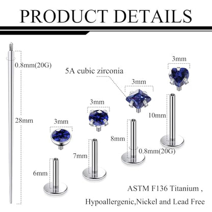 Titanium Flat Back Lip Rings Internally Threaded Earrings Studs Nose Rings 20G 18G 16G Round Heart Square CZ Tragus Cartilage Lobe Rook Helix Conch Labret Medusa Piercing Jewelry for Women Men - color: Blue CZ, size: 20G-6/8/10mm