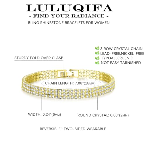 Gold Tennis Bracelets for Women 3-Row Rhinestone Stackable Bangle Bling Zirconia Crystal Silver Chain Dainty Cuff Flexible Fashion Jewelry for Wife Anniversary Mom Her Birthday Gifts - color: Gold